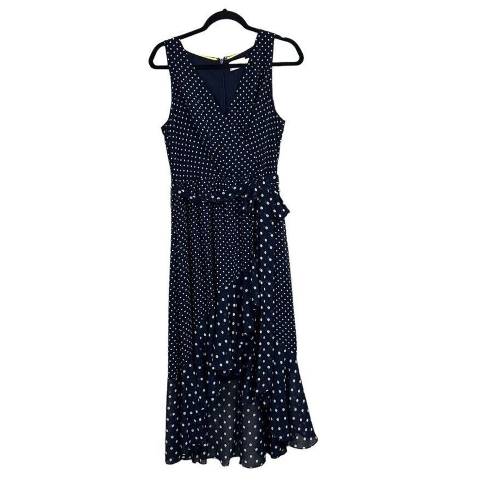 Eliza J Navy White Polka Dot Sleeveless Flowy Ruffle Dress Size 12
